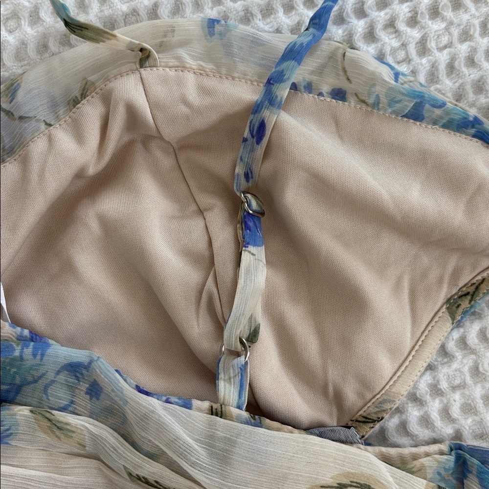 Lulus Arata Beige Blue Floral Cutout Tiered Maxi Dress size XL Sheer Big Florals - Picture 10 of 13